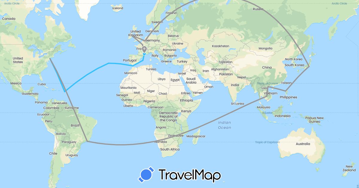 TravelMap itinerary: driving, plane, boat in Antigua and Barbuda, Belgium, Brazil, Spain, France, Ireland, Japan, Cambodia, Philippines, Portugal, United States, Vietnam (Asia, Europe, North America, South America)